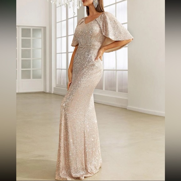 Luxe party formal cloak sleeve mermaid hem sequins gown dress champagne - Picture 4 of 8